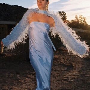 Cult Gaia Tie-Neck Long-Sleeved Light Blue Feather Jacket in small